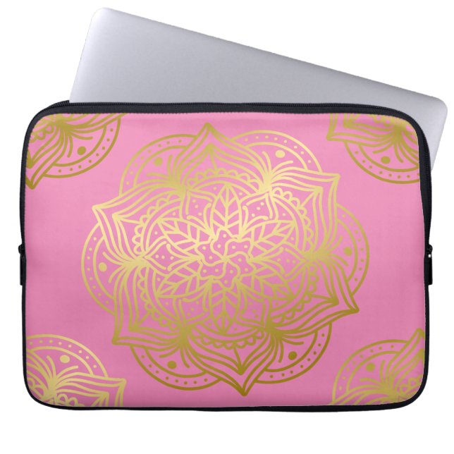 Elegant Gold and Pink Mandala Pattern Laptop Sleeve (Front)