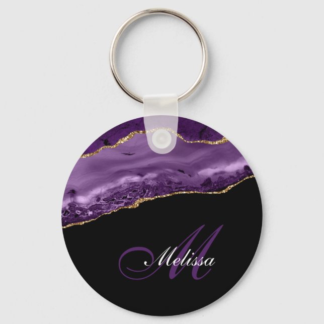 elegant gold and purple agate monogram key ring (Front)