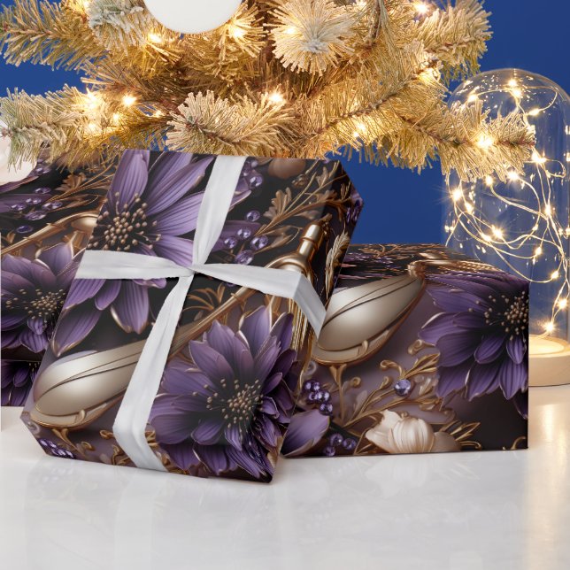 Elegant Gold and Purple Botanical floral Christmas Wrapping Paper (Holidays)