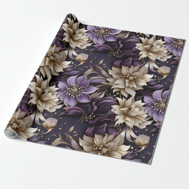 Elegant Gold and Purple Botanical floral Christmas Wrapping Paper (Unrolled)