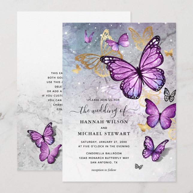 Elegant Gold and Purple Butterfly Wedding Invitation (Front/Back)