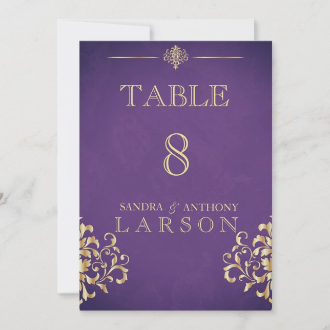 Elegant Gold and Purple Damask Table Numbers (Front)