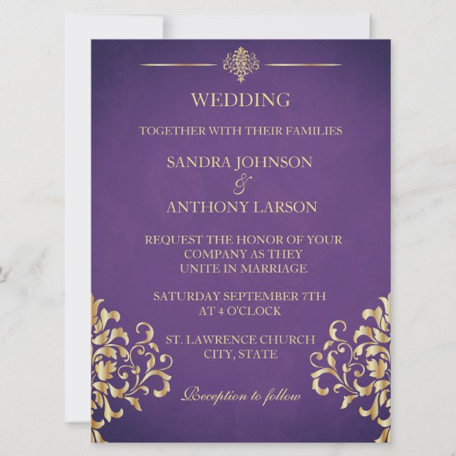Elegant Gold and Purple Damask Wedding Invitation (Front)