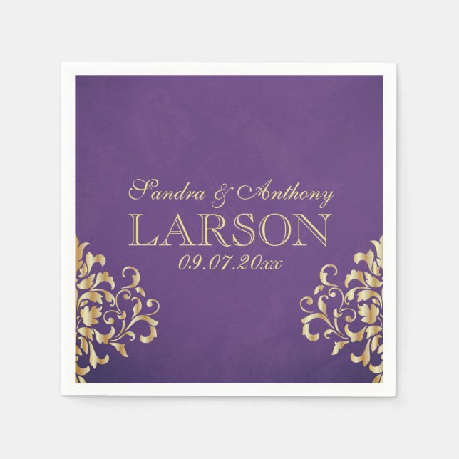 Elegant Gold and Purple Damask Wedding Napkins (Front)