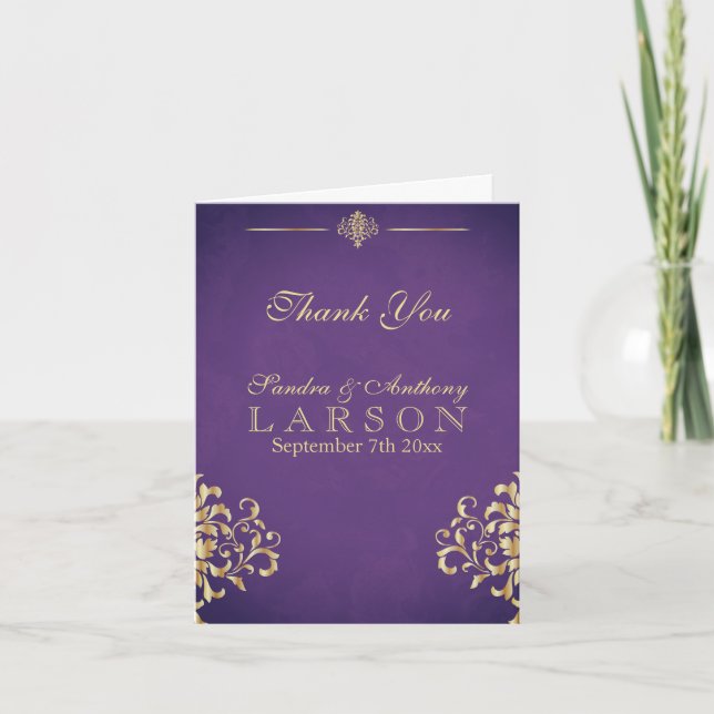Elegant Gold and Purple Damask Wedding Thank You Card (Front)