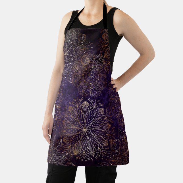 Elegant Gold and Purple Floral Mandala Pattern Apron (Insitu)