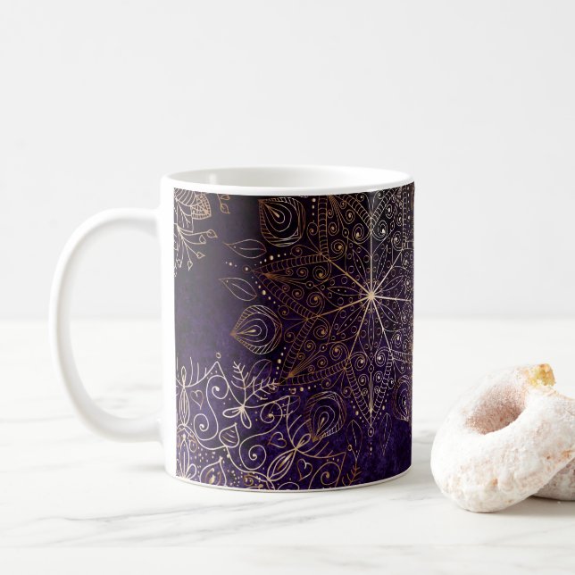 Elegant Gold and Purple Floral Mandala Pattern Coffee Mug (With Donut)