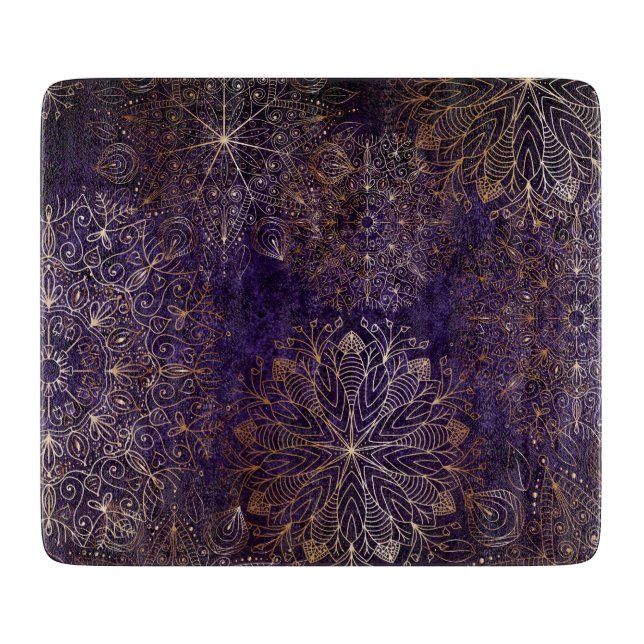 Elegant Gold and Purple Floral Mandala Pattern Cutting Board (Front)