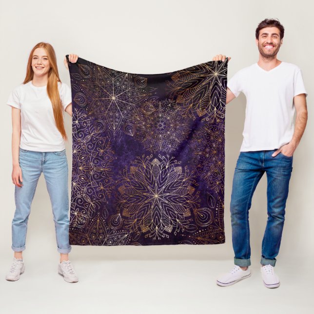 Elegant Gold and Purple Floral Mandala Pattern Fleece Blanket (In Situ)