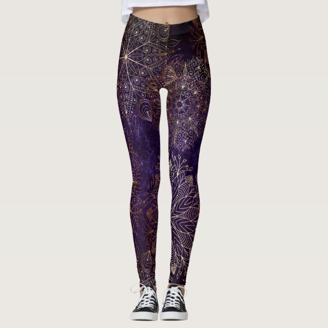 Elegant Gold and Purple Floral Mandala Pattern  Leggings (Front)