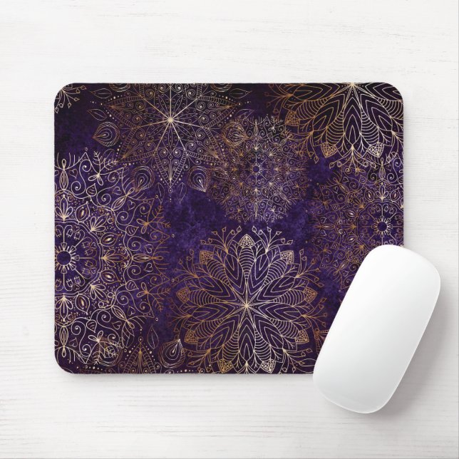 Elegant Gold and Purple Floral Mandala Pattern  Mouse Mat (With Mouse)