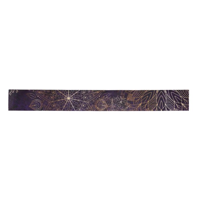 Elegant Gold and Purple Floral Mandala Pattern Satin Ribbon (Front)