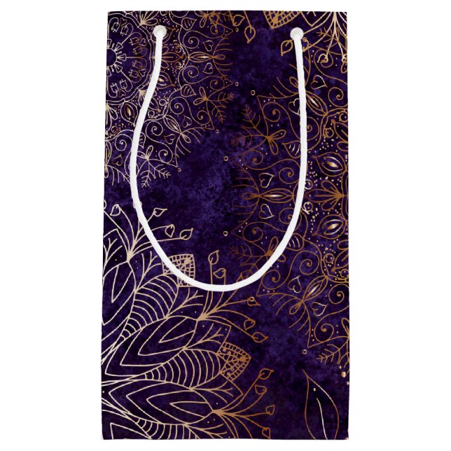 Elegant Gold and Purple Floral Mandala Pattern Small Gift Bag (Front)