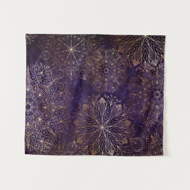 Elegant Gold and Purple Floral Mandala Pattern Tapestry (Front (Horizontal))