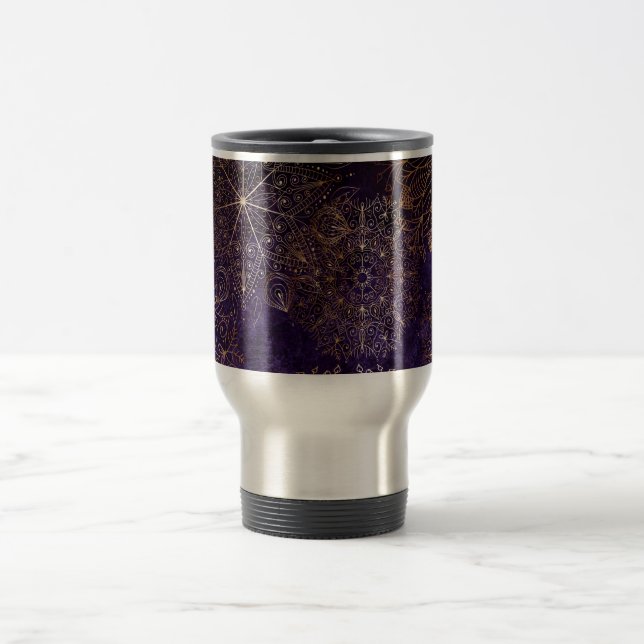 Elegant Gold and Purple Floral Mandala Pattern Travel Mug (Center)