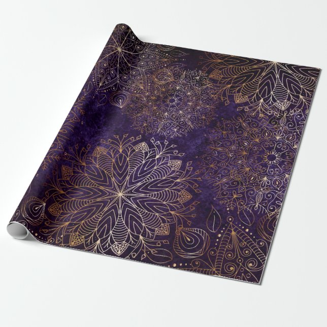 Elegant Gold and Purple Floral Mandala Pattern Wrapping Paper (Unrolled)