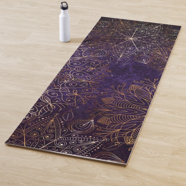 Elegant Gold and Purple Floral Mandala Pattern Yoga Mat (In Situ)