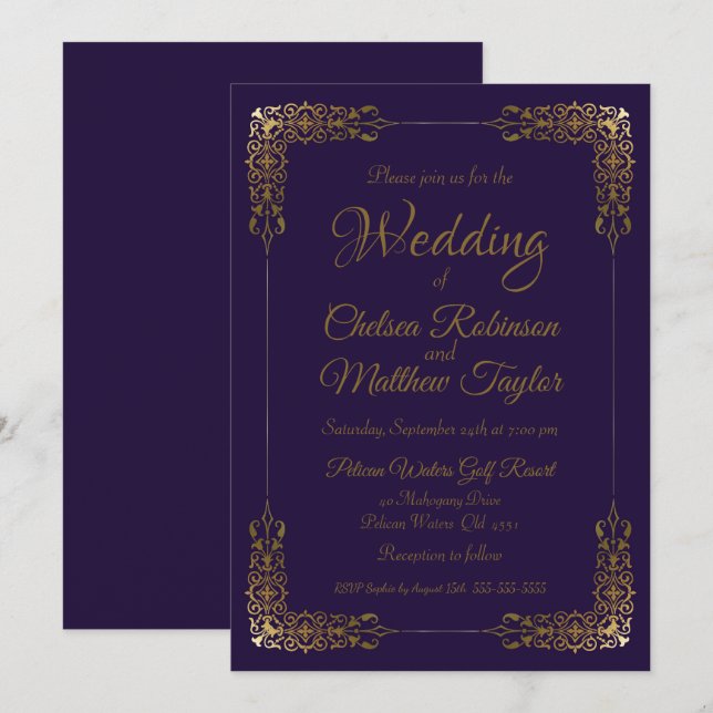 Elegant Gold and Purple Lace Wedding Invitation (Front/Back)