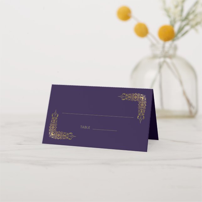 Elegant Gold and Purple Lace Wedding Place Card (Front)