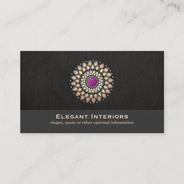 Elegant Gold and Purple Motif Interior Designer Business Card (Front)