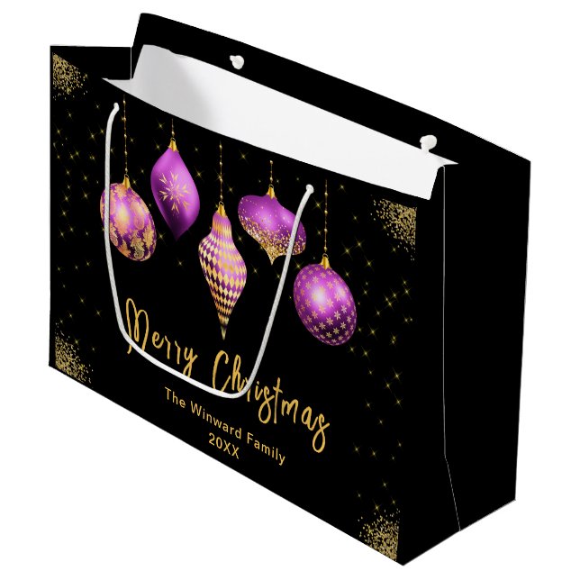 Elegant Gold and Purple Ornament Christmas Large Gift Bag (Front Angled)