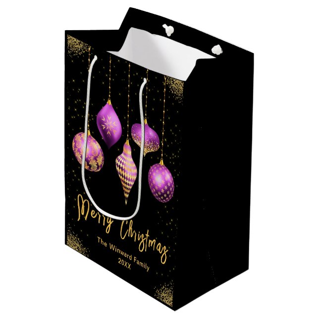 Elegant Gold and Purple Ornament Christmas Medium Gift Bag (Front Angled)