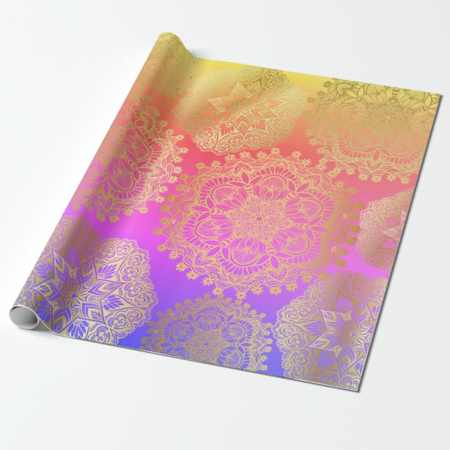 Elegant Gold And Rainbow Mandala Pattern Wrapping Paper (Unrolled)