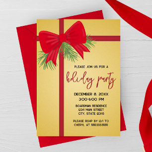 Elegant Gold and Red Bow Holiday Party Invitation