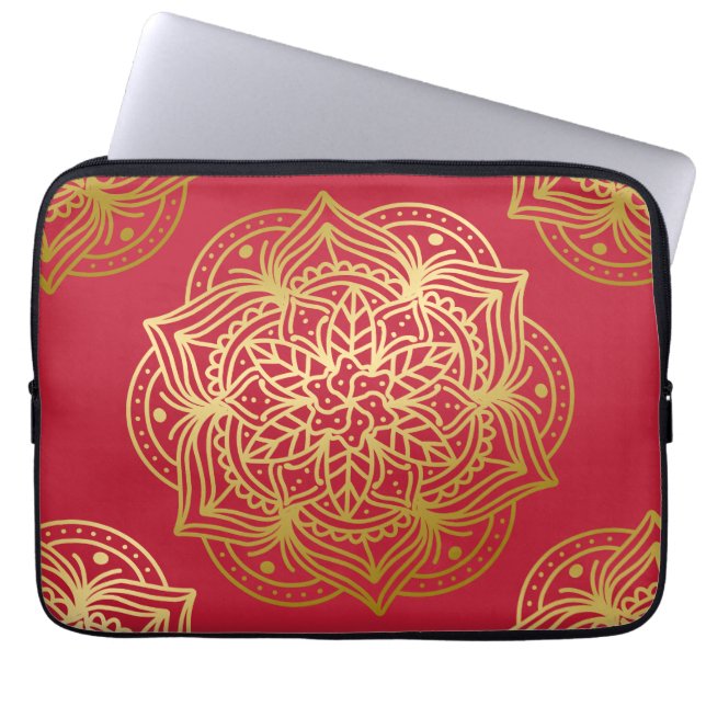 Elegant Gold and Red Mandala Pattern Laptop Sleeve (Front)