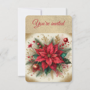Elegant Gold and Red  Poinsettia Christmas Party Invitation