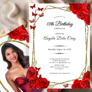 Elegant Gold and Red Roses 18th Birthday Debut Invitation