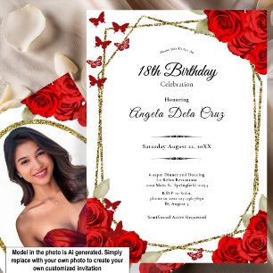Elegant Gold and Red Roses 18th Birthday Debut Invitation