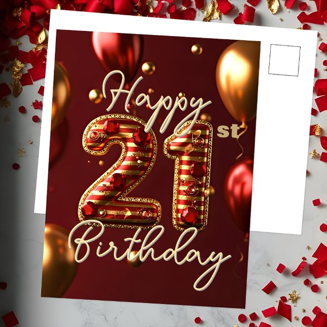 Elegant Gold and Red Stripes 21st Birthday  Postcard (Creator Uploaded)