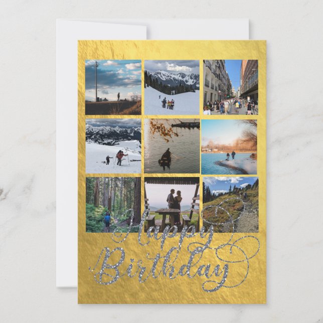Elegant Gold and Silver Nine Photo Birthday Card (Front)