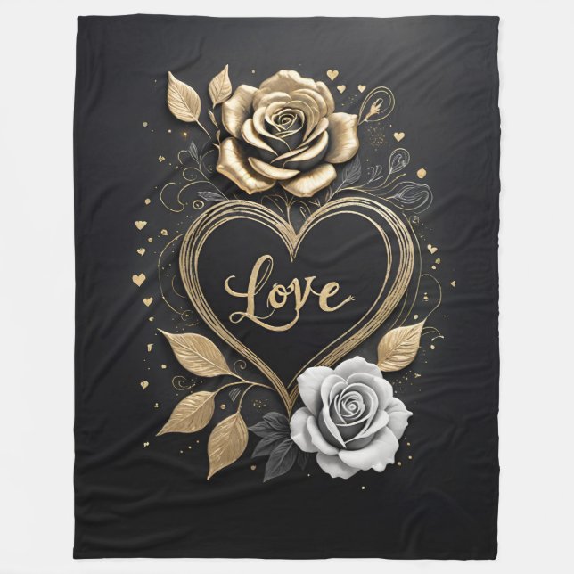 Elegant gold and silver roses with a heart  fleece blanket (Front)