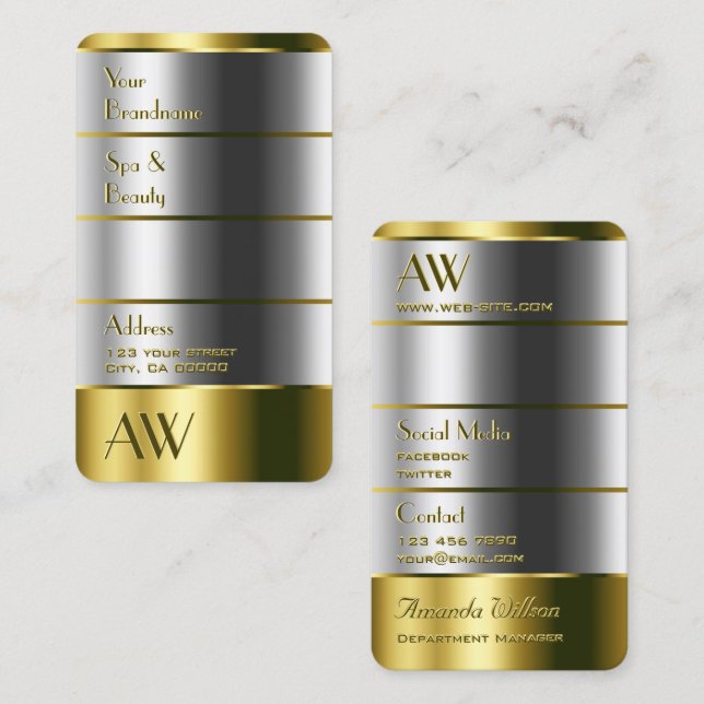 Elegant Gold and Silver with Monogram Vertical Business Card (Front/Back)