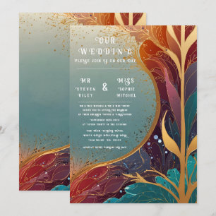 Elegant Gold and Teal Abstract Larva Wedding Invitation