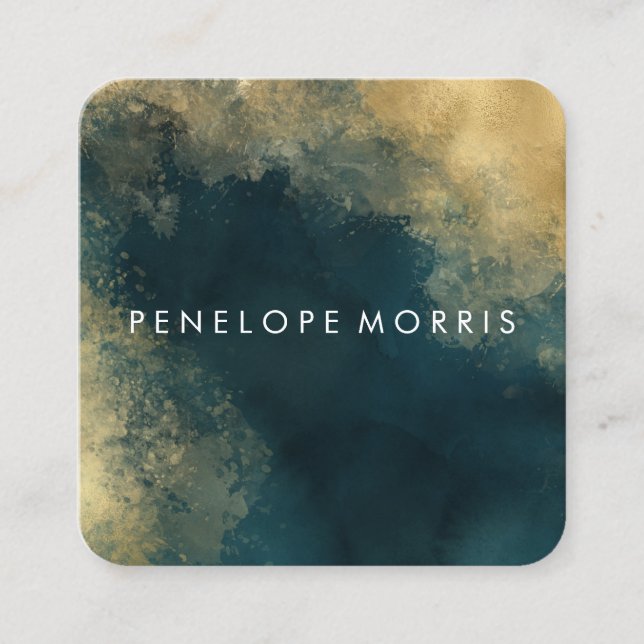 Elegant Gold and Teal Beauty Stylist Square Business Card (Front)