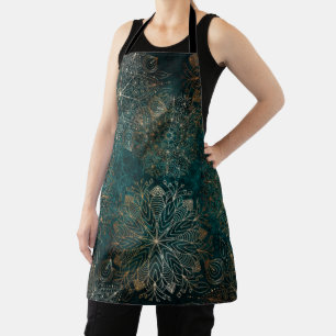 Elegant Gold and Teal Green Floral Mandala Pattern Apron