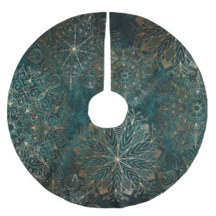 Elegant Gold and Teal Green Floral Mandala Pattern Brushed Polyester Tree Skirt