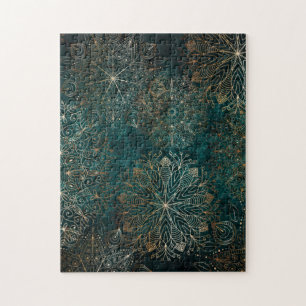 Elegant Gold and Teal Green Floral Mandala Pattern Jigsaw Puzzle