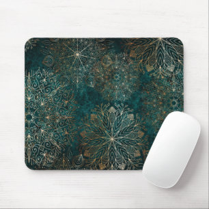 Elegant Gold and Teal Green Floral Mandala Pattern Mouse Mat