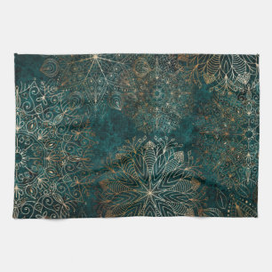 Elegant Gold and Teal Green Floral Mandala Pattern Tea Towel