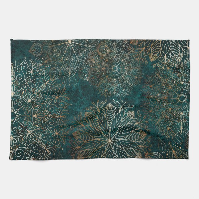 Elegant Gold and Teal Green Floral Mandala Pattern Tea Towel (Horizontal)