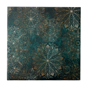 Elegant Gold and Teal Green Floral Mandala Pattern Tile