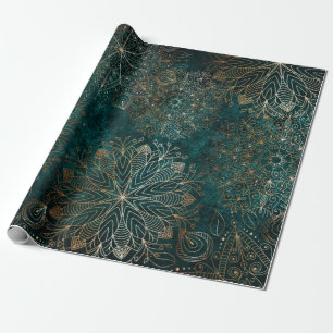 Elegant Gold and Teal Green Floral Mandala Pattern Wrapping Paper