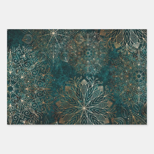 Elegant Gold and Teal Green Floral Mandala Pattern Wrapping Paper Sheet (Front)