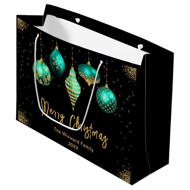 Elegant Gold and Teal Ornament Christmas Large Gift Bag (Front Angled)