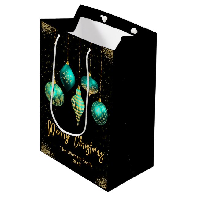 Elegant Gold and Teal Ornament Christmas Medium Gift Bag (Front Angled)