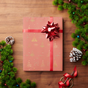 Elegant Gold and Terracotta Christmas Tree Doodles Wrapping Paper